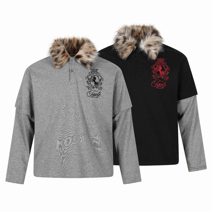 Damen Layered-Optik Langarm-Polo mit Kunstfellkragen und Wappenstickerei Drune