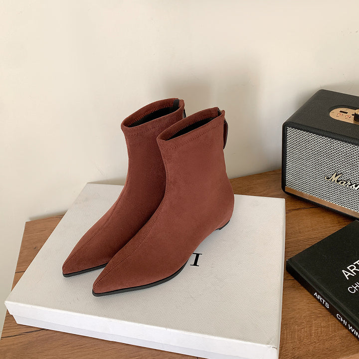 Damen Schmale spitz zulaufende Velours‑Ankleboots mit verstecktem Keilabsatz und Fersenriegel Drune