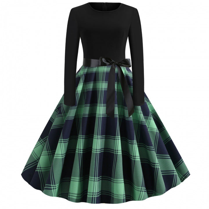 Damen Vintage Tellerrockkleid mit Karo-Tellerrock, figurbetontem Langarmoberteil und Satinschärpe Drune