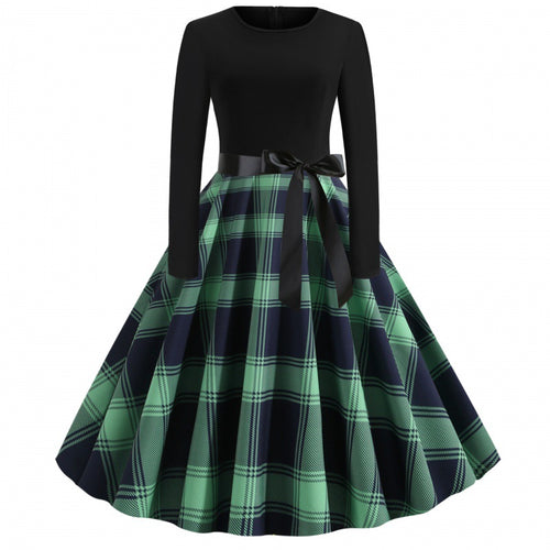Damen Vintage Tellerrockkleid mit Karo-Tellerrock, figurbetontem Langarmoberteil und Satinschärpe Drune