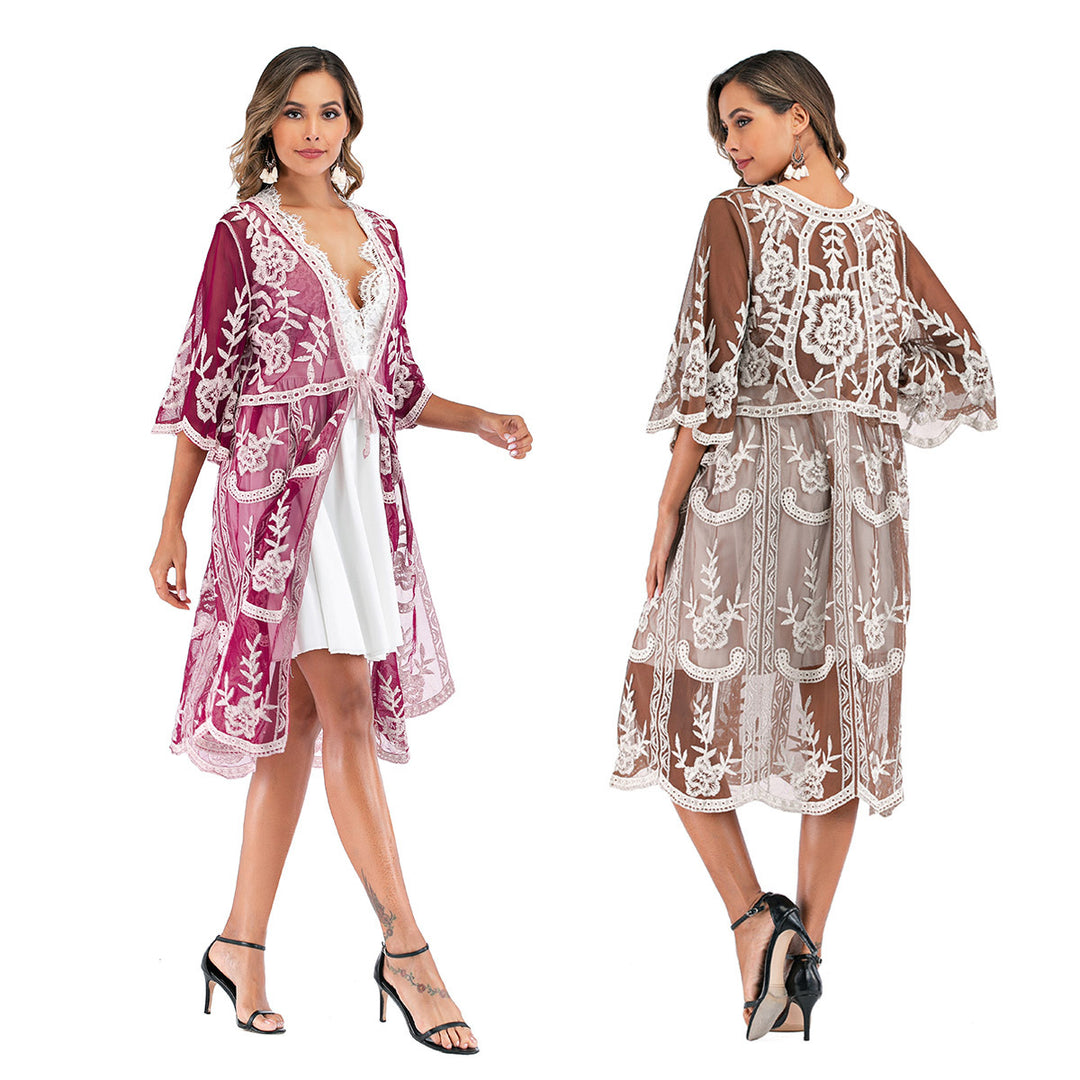 Damen elegante Häkel-Strandrobe mit voluminösen Ärmeln und floralem Design Drune