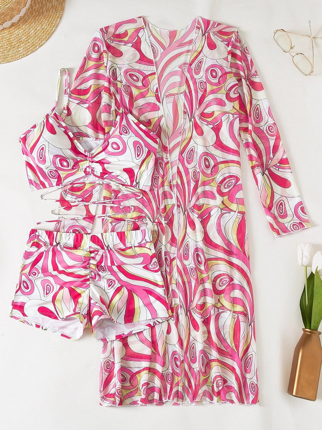 Damen Strandanzug mit leichtem Kimono und buntem Unterteil Drune