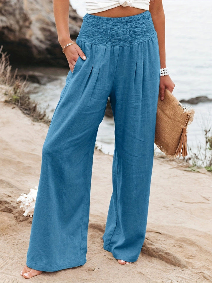 Damen Weite Leinenhose mit elastischem Bund und Falten Drune
