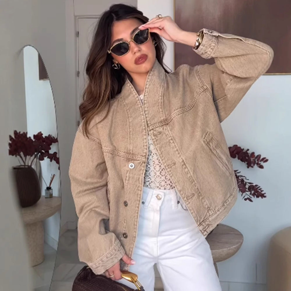 Damen modische Oversized Jeansjacke mit trendigem Stehkragen Drune