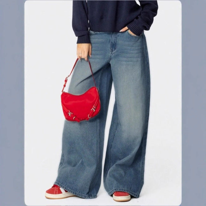 Damen Extraweite High-Waist Denim-Palazzohose mit langem Schlag Drune