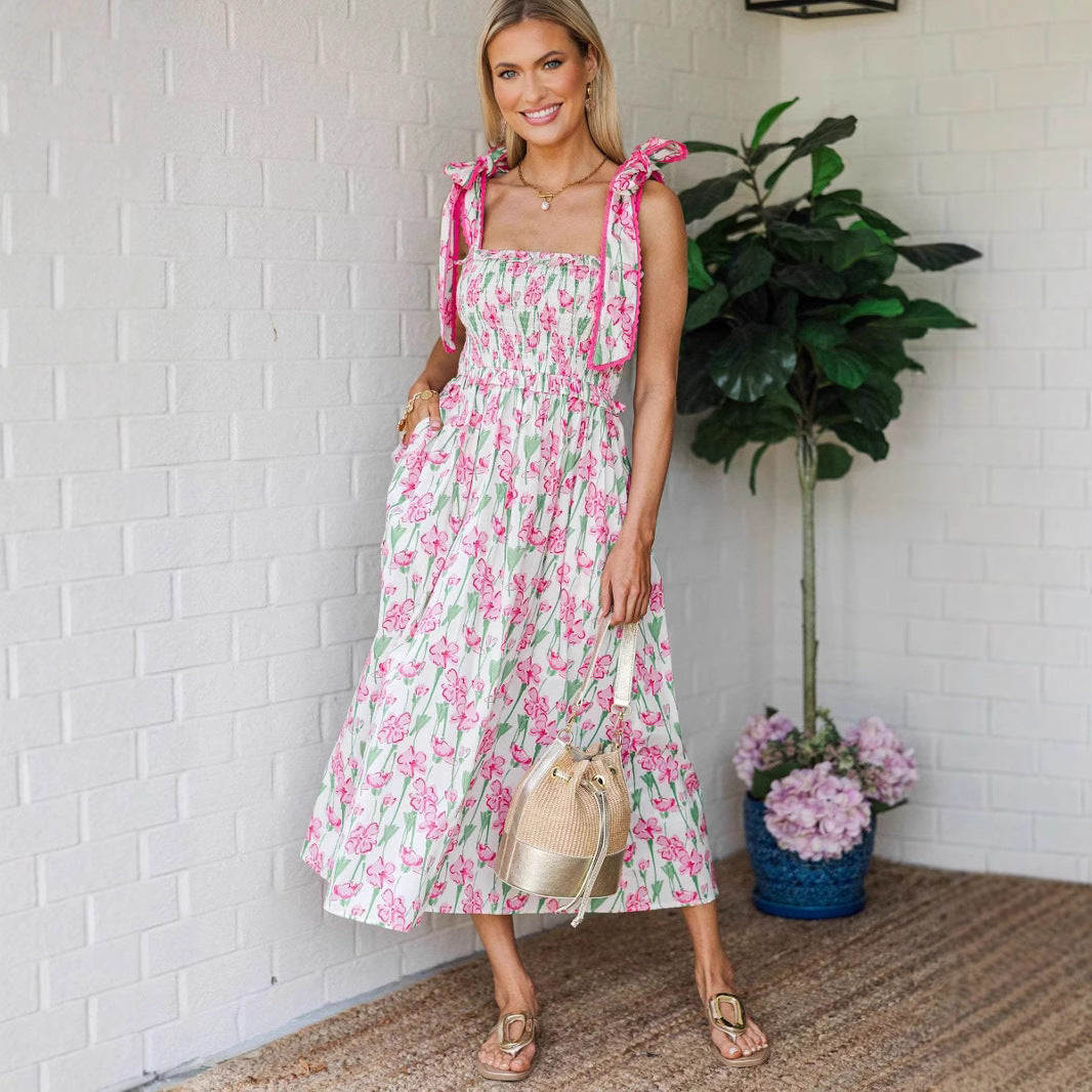 Damen Sommerkleid mit Raffung und schulterlangen Bindebändern Drune
