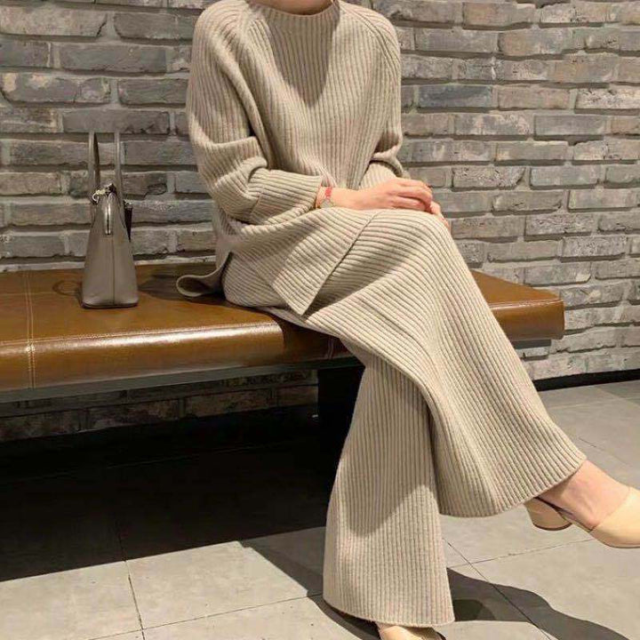 Damen modisches Strickensemble mit lässigem Pullover und weitem Hosenabschluss Drune