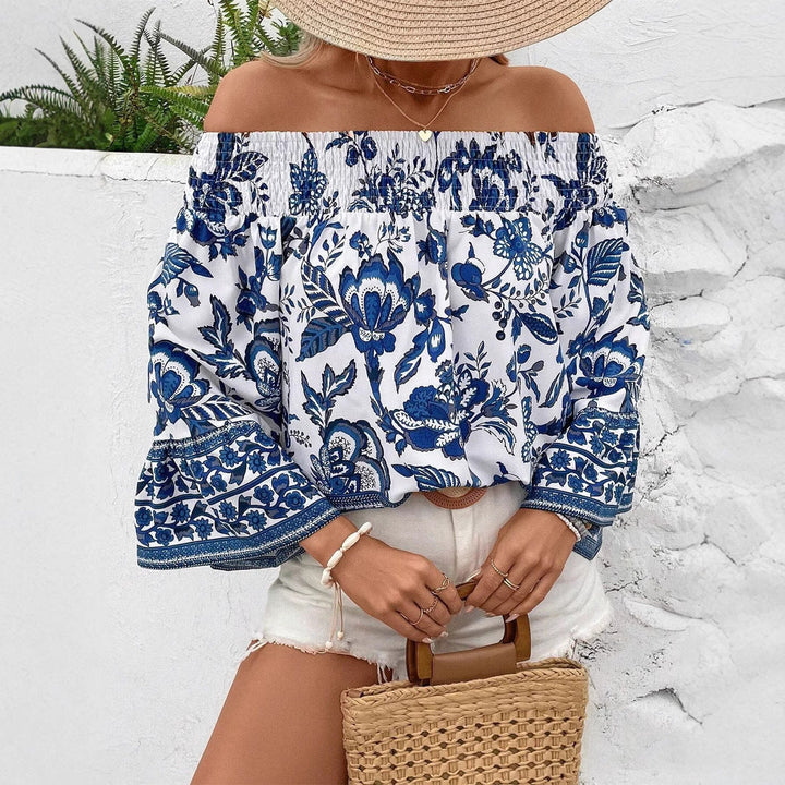 Damen Off-Shoulder Bluse mit floralem Muster und Rüschendetails Drune