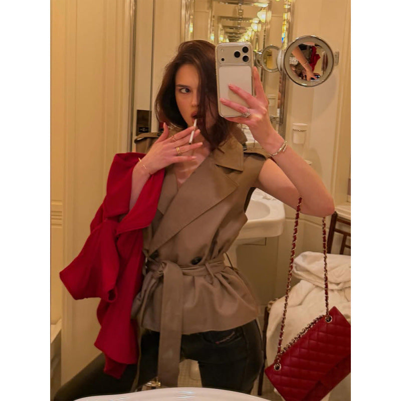 Damen Ärmellose taillierte Trench‑Weste mit Bindegürtel & Schulterpatten Drune