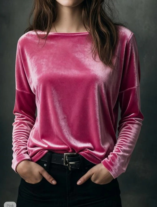 Damen Feines Velours-Langarmshirt mit U-Boot-Ausschnitt und kastiger Silhouette Drune