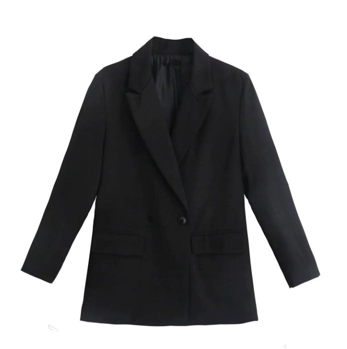 Damen 100+ geradliniger Longline Blazer mit Reverskragen, doppelreihiger Optik und Pattentaschen Drune