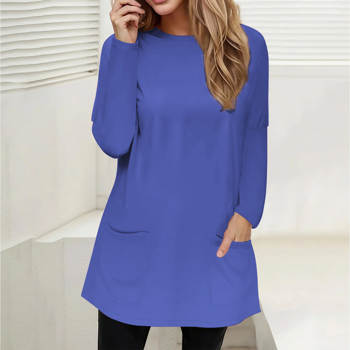 Damen Freizeit Longline Tunika mit Rundhalsausschnitt und aufgesetzten Taschen Drune