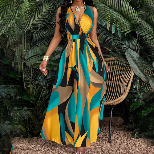Damen Elegantes Maxikleid mit modernem, farbenprächtigen Design und tiefem V-Ausschnitt Drune