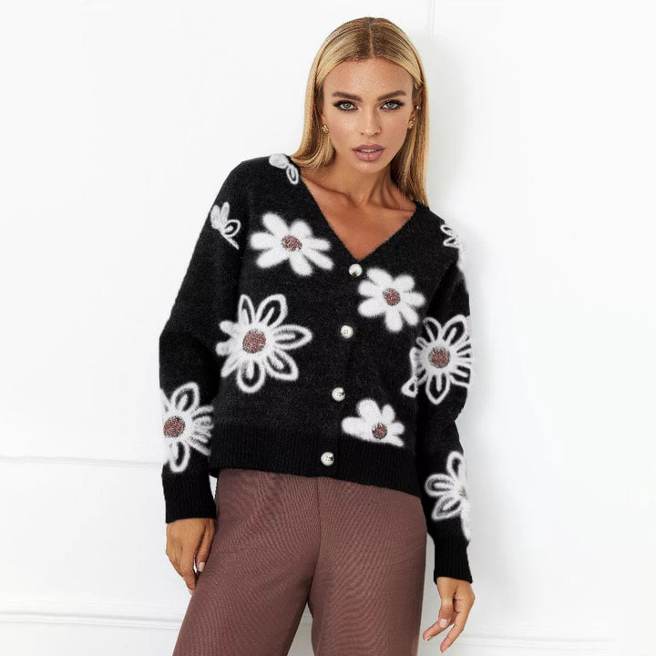 Damen kuschelige Strickjacke mit floralen Applikationen und Knöpfen Drune