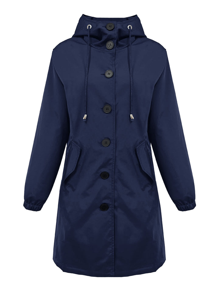 Damen nan leichter Regenparka mit Kapuze, überlanger Knopfleiste, Tunnelzug und aufgesetzten Taschen Drune