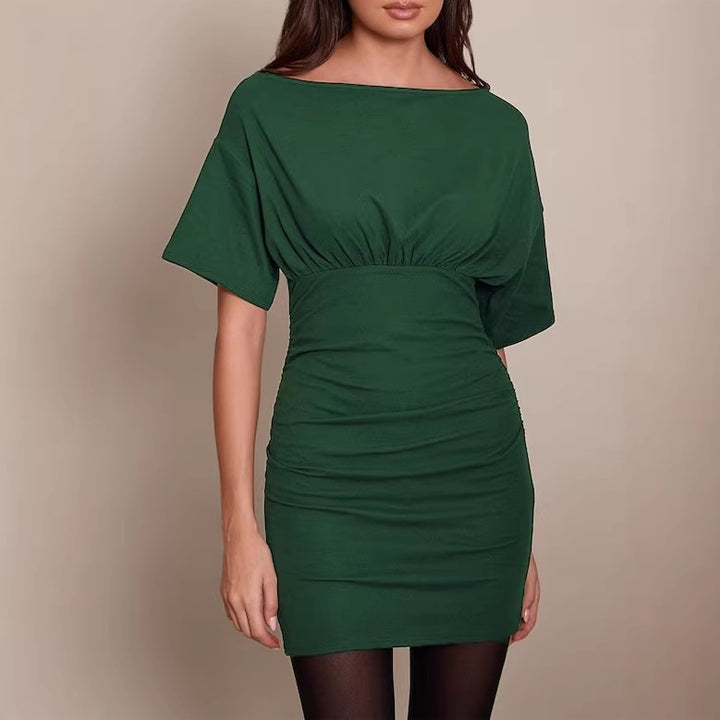 Damen Figurnahes Mini-Kleid mit U‑Boot‑Ausschnitt, Taillenraffung und Fledermausärmeln Drune