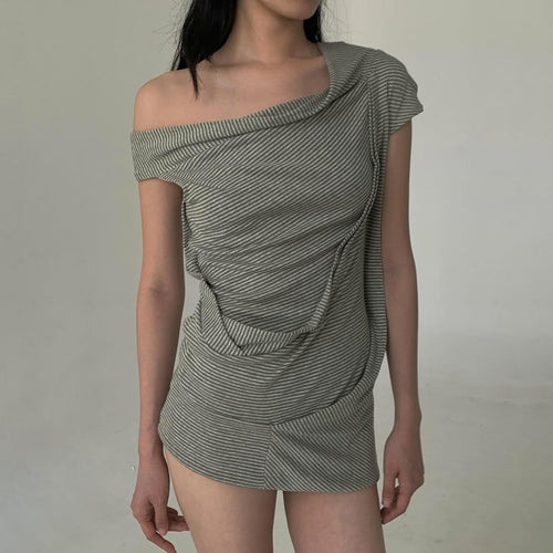 Damen asymmetrisches Kurzarm-Oberteil mit Streifenmuster und innovativem Design Drune