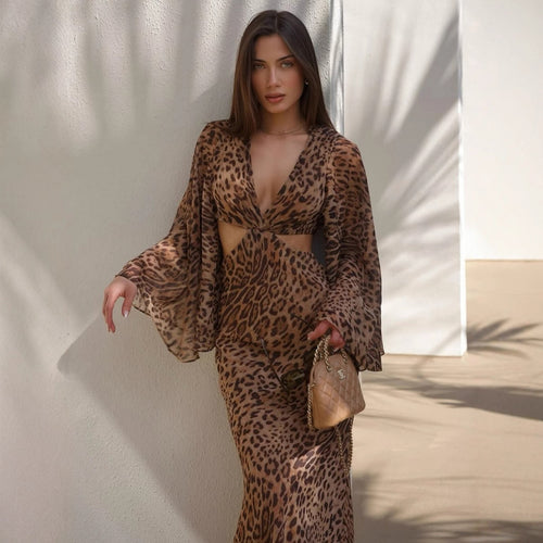 Damen Maxi-Kleid mit tiefem Rückenausschnitt und faszinierendem Animal-Print Drune