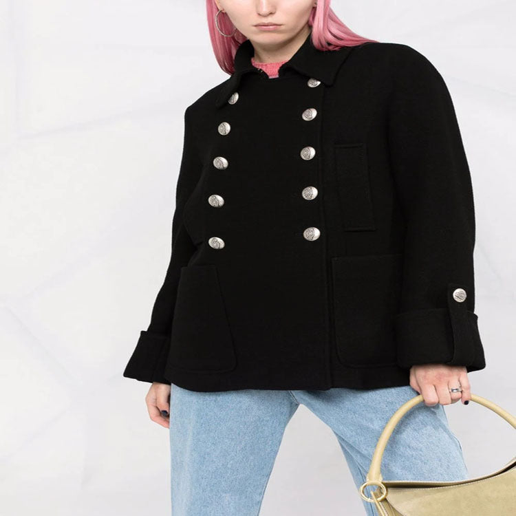 Damen Kurzer Boxy‑Wollmix‑Mantel im Military‑Look mit Zierrundknöpfen Drune