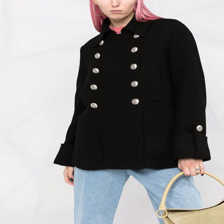 Damen Kurzer Boxy‑Wollmix‑Mantel im Military‑Look mit Zierrundknöpfen Drune