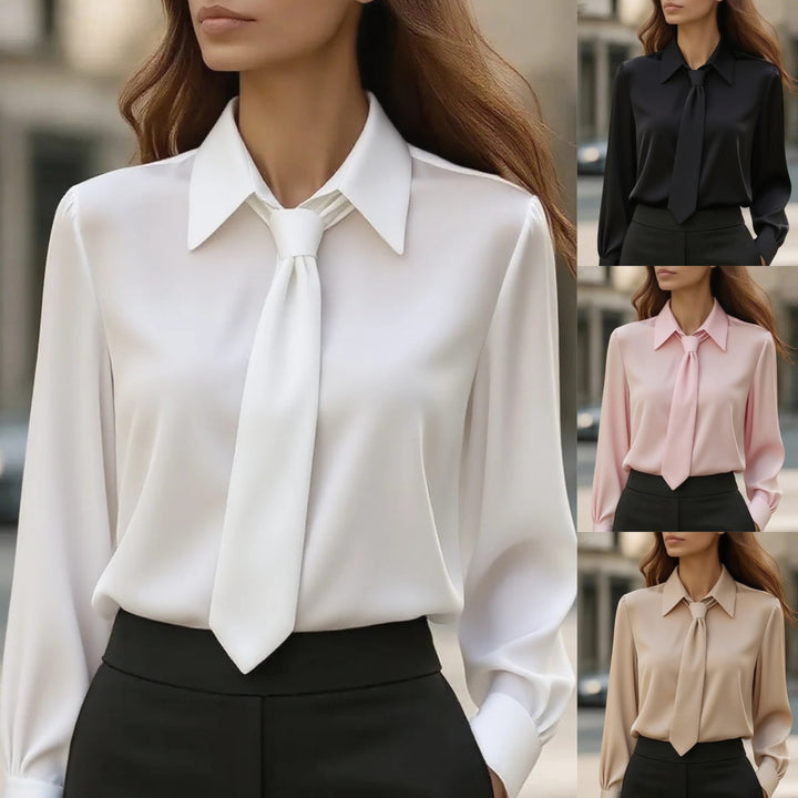 Damen Seidige Business Bluse mit Hemdkragen und integrierter Schleife Drune