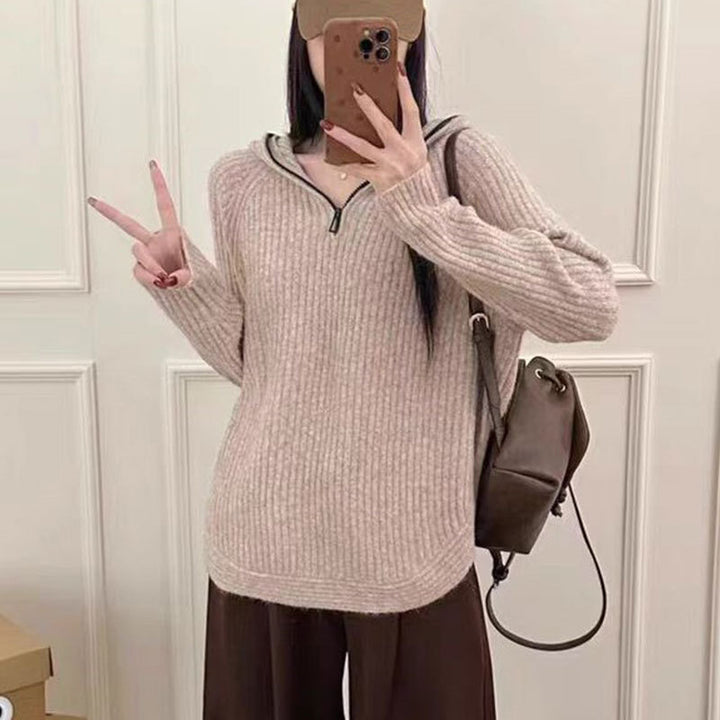 Damen lässiger Strickpullover mit hochgezogenem Kragen und Reißverschluss Drune