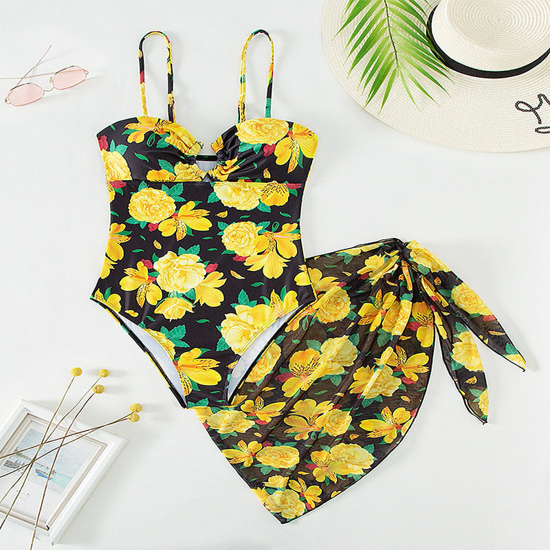 Damen Einteiler Badeanzug mit floralem Design und kombinierbarem Überrock Drune