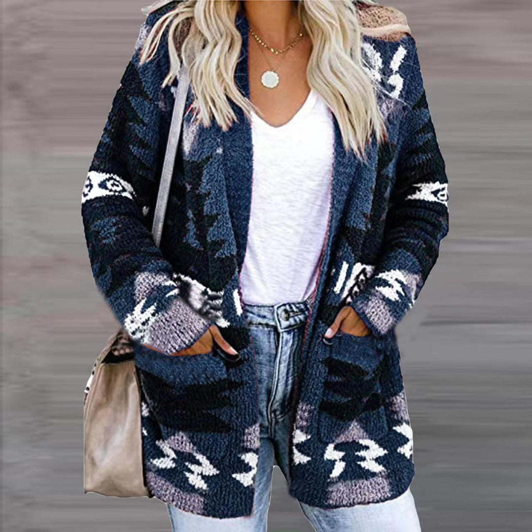 Damen stilvolle Strickjacke mit asymmetrischem Muster und aufgesetzten Taschen Drune
