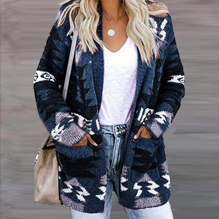 Damen stilvolle Strickjacke mit asymmetrischem Muster und aufgesetzten Taschen Drune