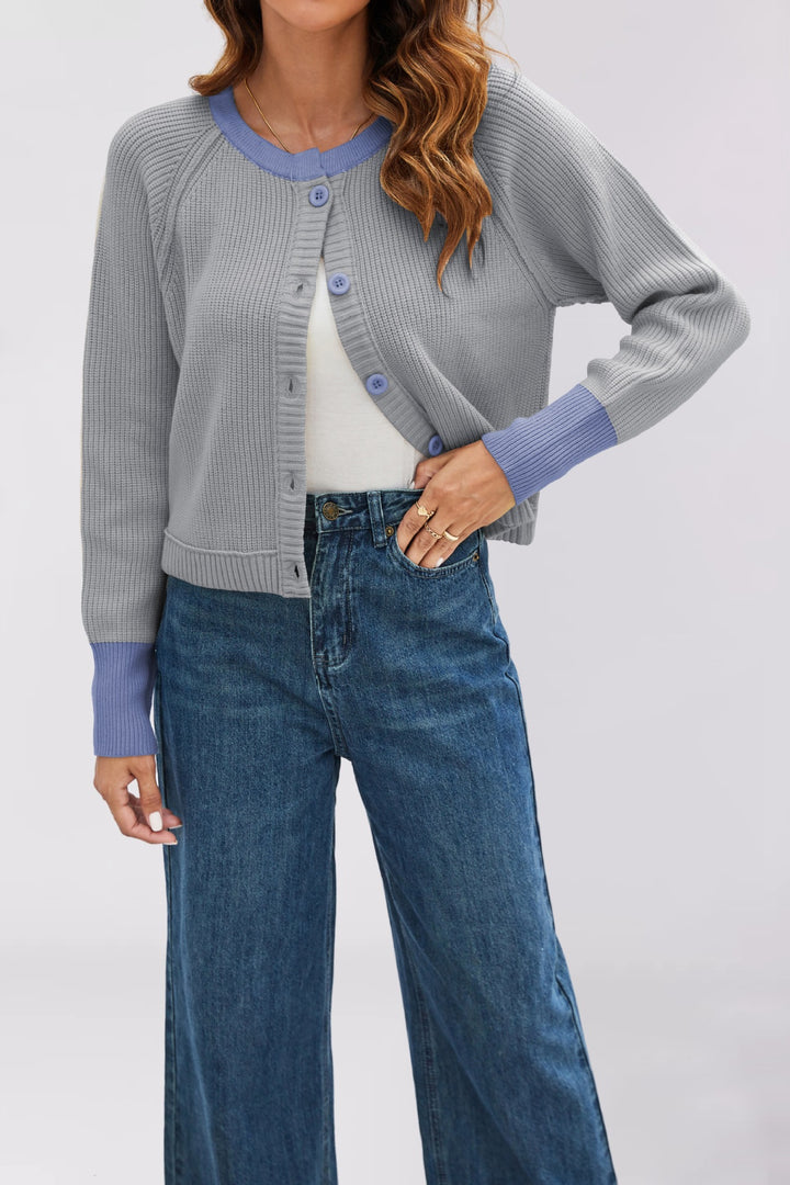 Damen modische Strickjacke mit kontrastierenden Bündchen und Knopfdetails Drune