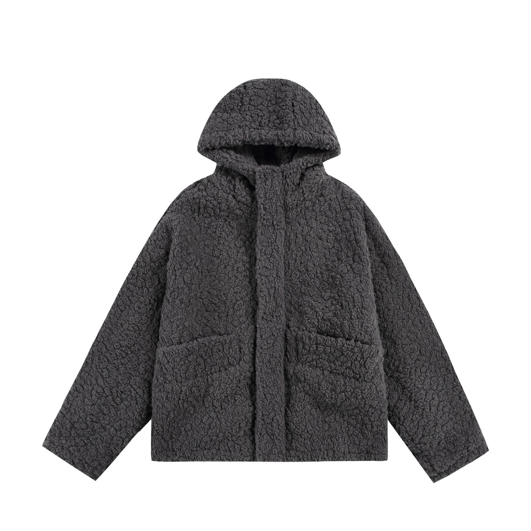 Damen Oversize Sherpa‑Kapuzenjacke mit verdeckter Frontblende und aufgesetzten Taschen Drune