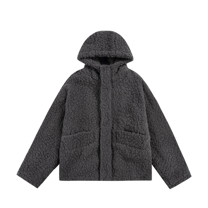 Damen Oversize Sherpa‑Kapuzenjacke mit verdeckter Frontblende und aufgesetzten Taschen Drune