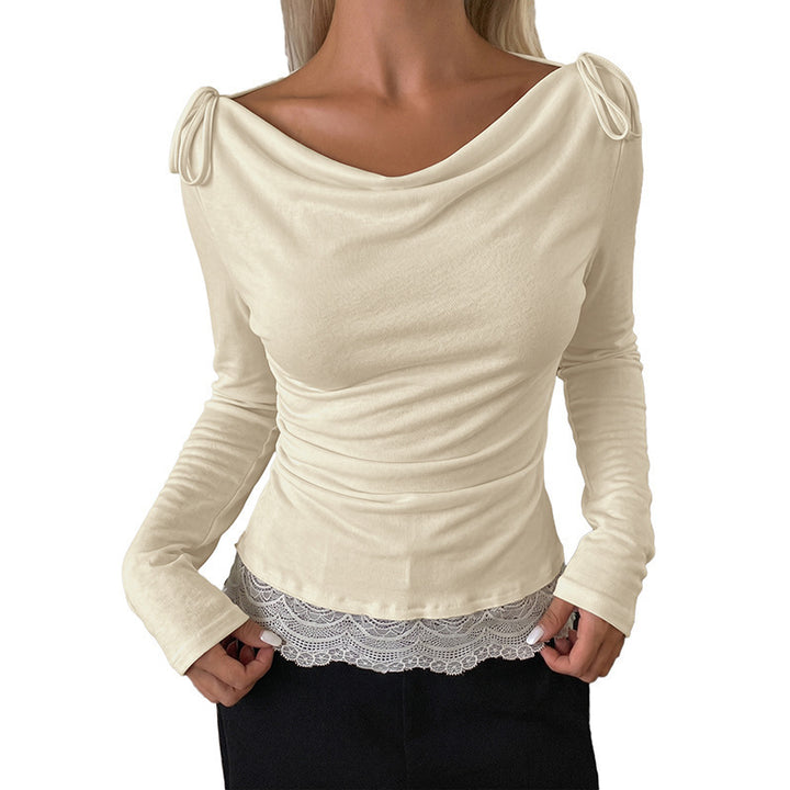 Damen Elegante Langarmbluse mit raffiniertem Kragen und Bindebändern Drune