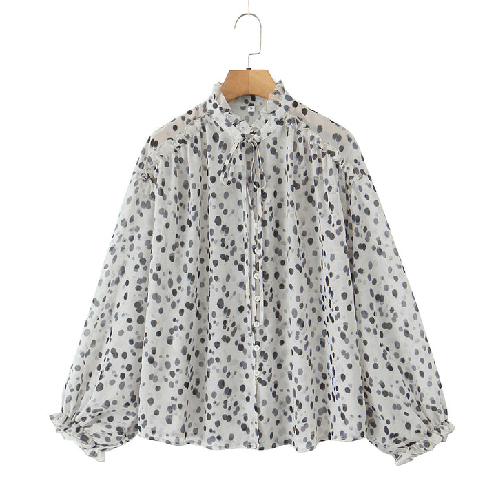Damen nan Chiffonbluse mit Volant-Stehkragen, Bindeband, Knopfleiste und ballonförmigen Ärmeln Drune