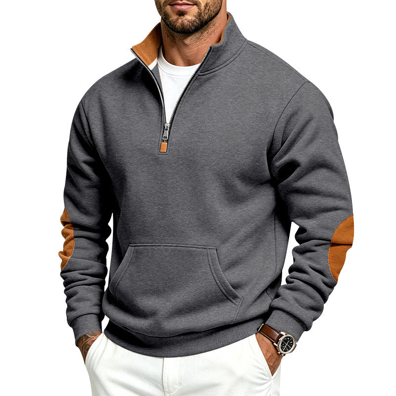 Herren Troyer-Pullover mit halbem Reißverschluss, Kängurutasche und Ellbogen-Patches Drune