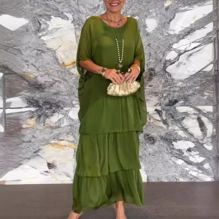 Damen nan mehrlagiges Stufenmaxikleid mit weitem Fledermausoberteil und stufigem Volantrock Drune