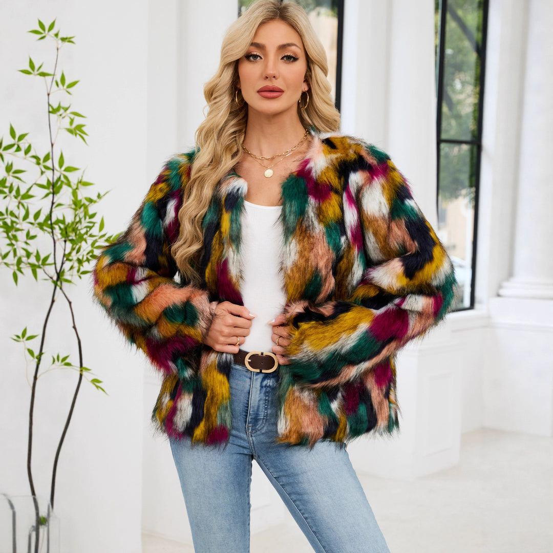 Damen Modische Kunstpelzjacke mit auffälligem Muster Drune