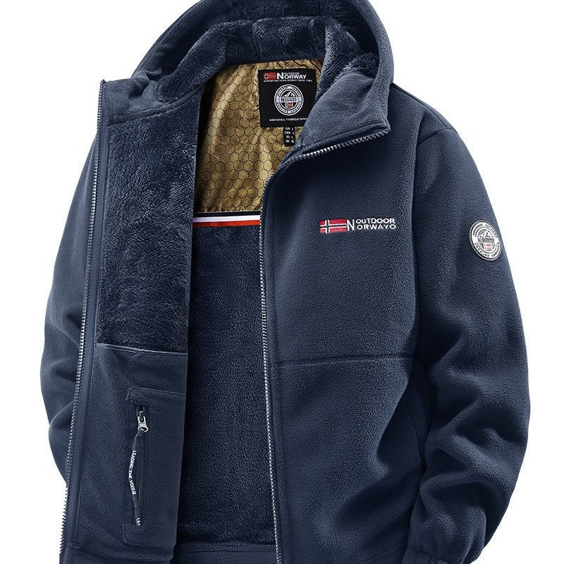 Herren Kuschelige Fleece‑Kapuzenjacke mit Teddyfutter, windabweisend und Reißverschlusstaschen Drune