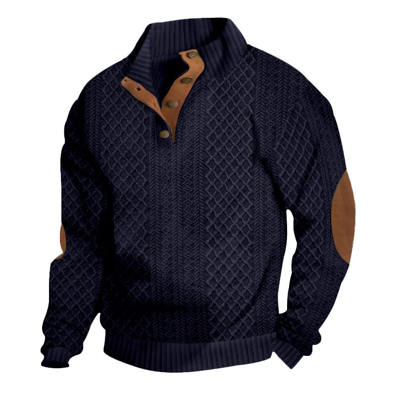 Herren nan gehobener Strickpullover mit Rautenmuster, hohem Rippkragen, knöpfbarer Latzleiste und Lederbesatz an Ellenbogen Drune