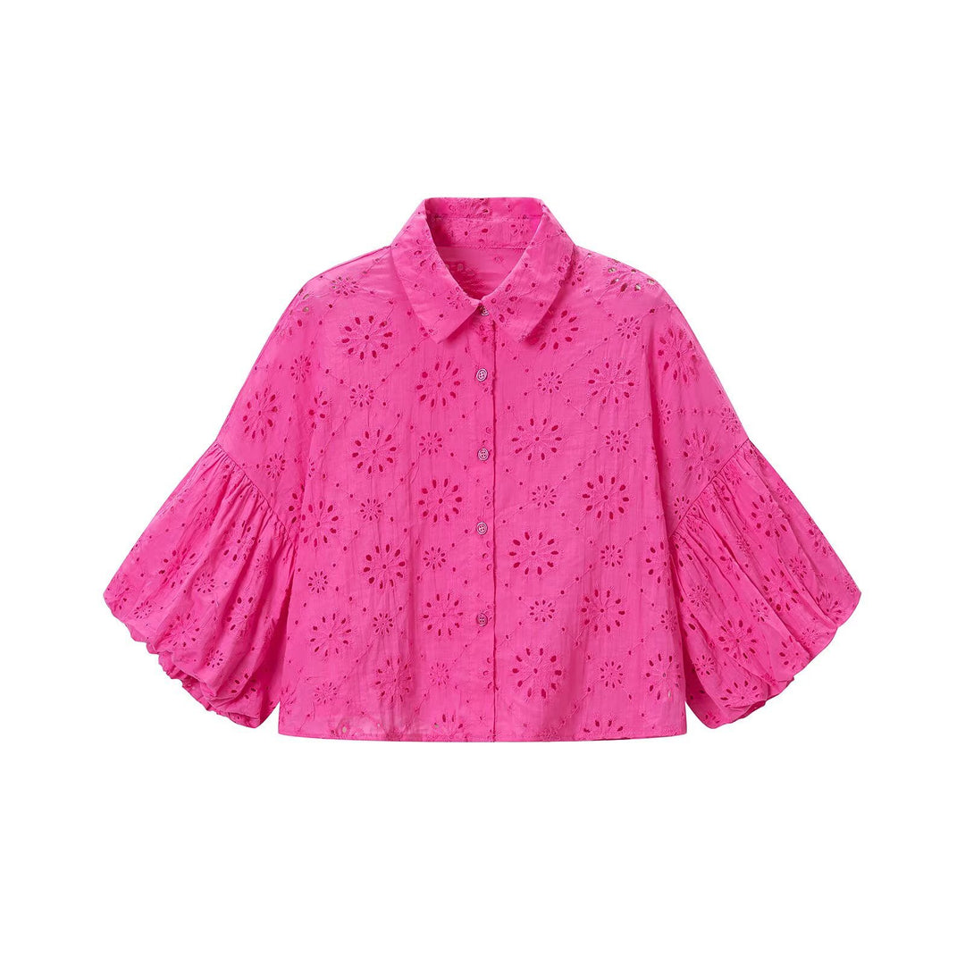 Damen Broderie‑Anglaise Bluse mit weiten Volantärmeln und Hemdkragen Drune
