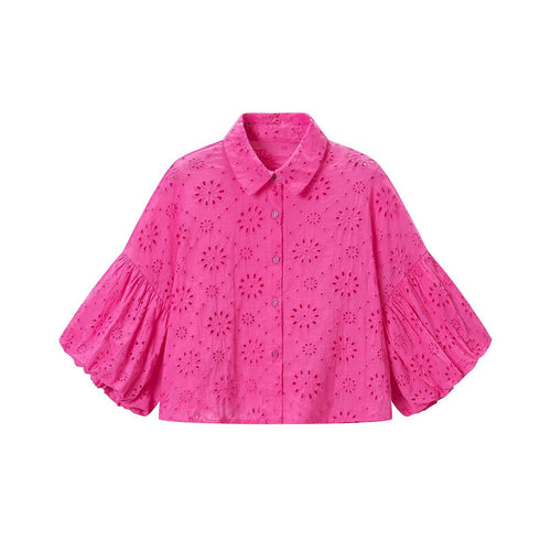 Damen Broderie‑Anglaise Bluse mit weiten Volantärmeln und Hemdkragen Drune