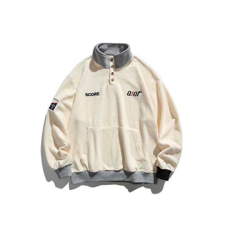 Unisex Fleece-Halbzip-Pullover mit Stehkragen, Kängurutasche und Kontrastbündchen Drune