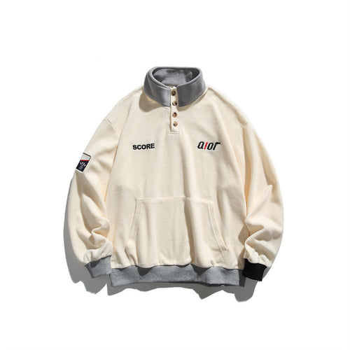Unisex Fleece-Halbzip-Pullover mit Stehkragen, Kängurutasche und Kontrastbündchen Drune