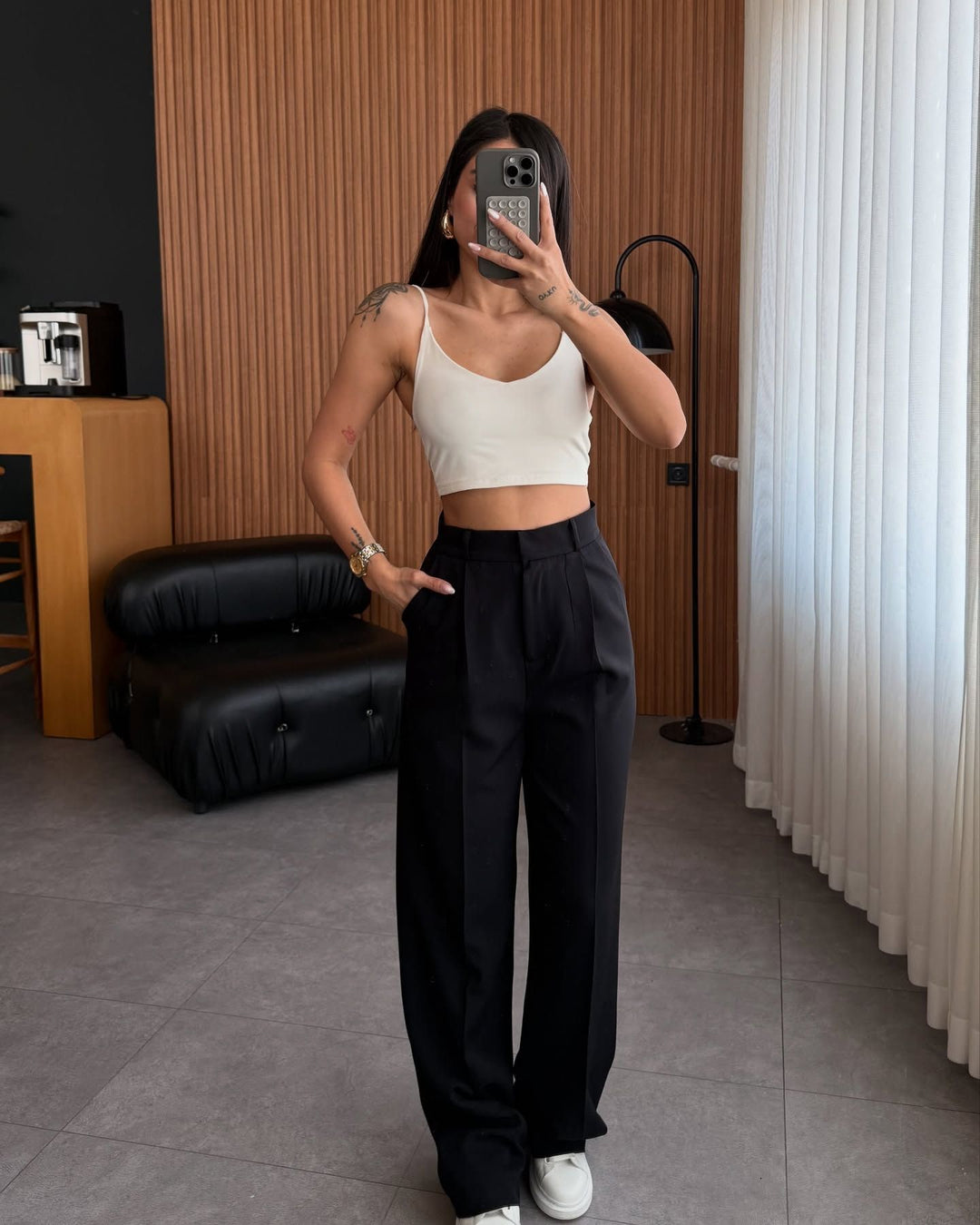 Damen hochgeschnittene Stoffhose mit geradem Bein Drune