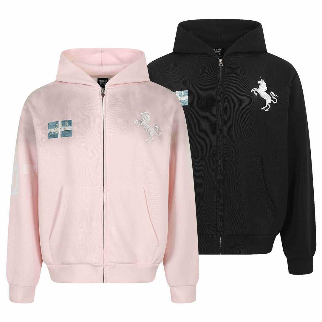 Damen Zip-Hoodie mit gesticktem Einhorn-Motiv und Musikpatch Drune