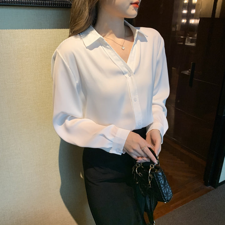 Damen elegante Bluse mit feinem Kragen und seitlichem Knopfverschluss Drune