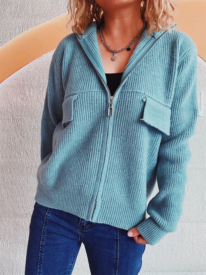 Damen modische Strickjacke mit hohem Kragen und praktischen Taschen Drune
