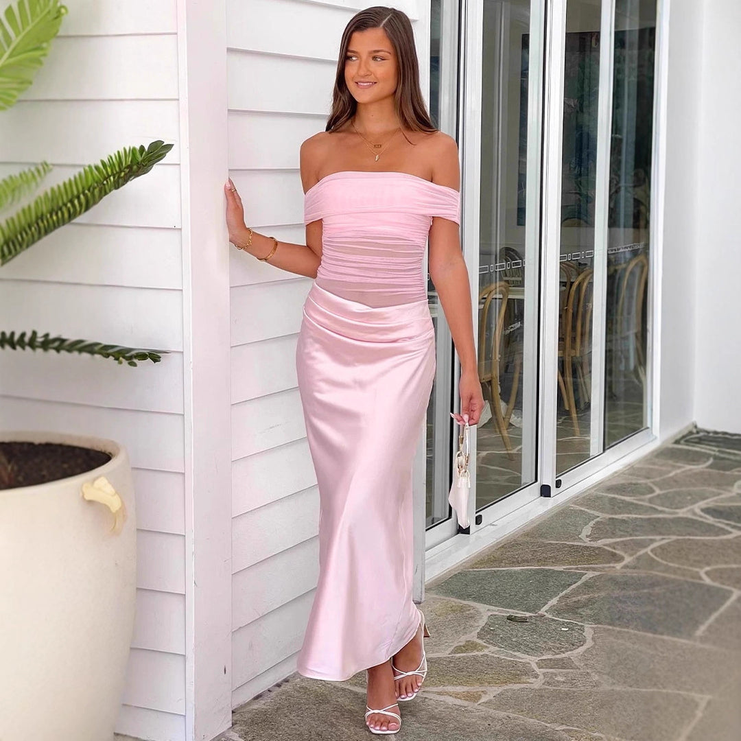 Damen elegantes schulterfreies Abendkleid mit figurformender Raffung und Satin-Finish Drune