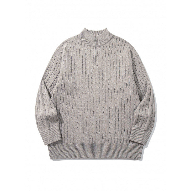 Unisex Oversize Zopfstrick-Halbzippullover mit kurzem Stehkragen und breitem Rippbund Drune
