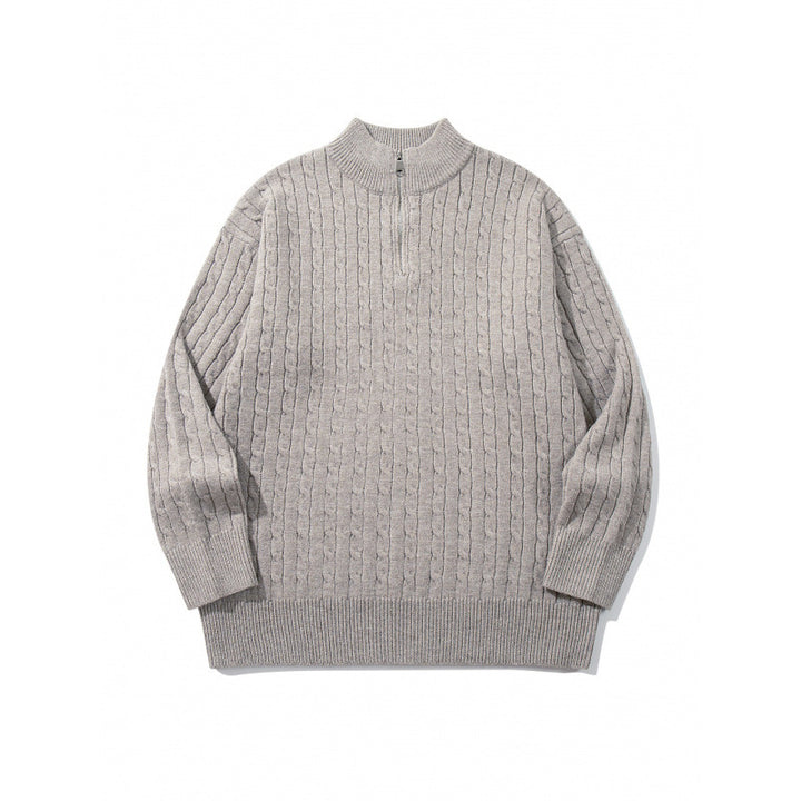 Unisex Oversize Zopfstrick-Halbzippullover mit kurzem Stehkragen und breitem Rippbund Drune